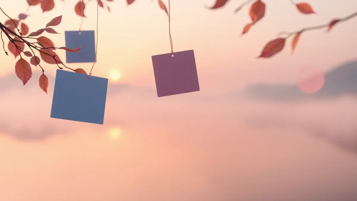 Blank pastel notes floating above a calm lake at sunrise