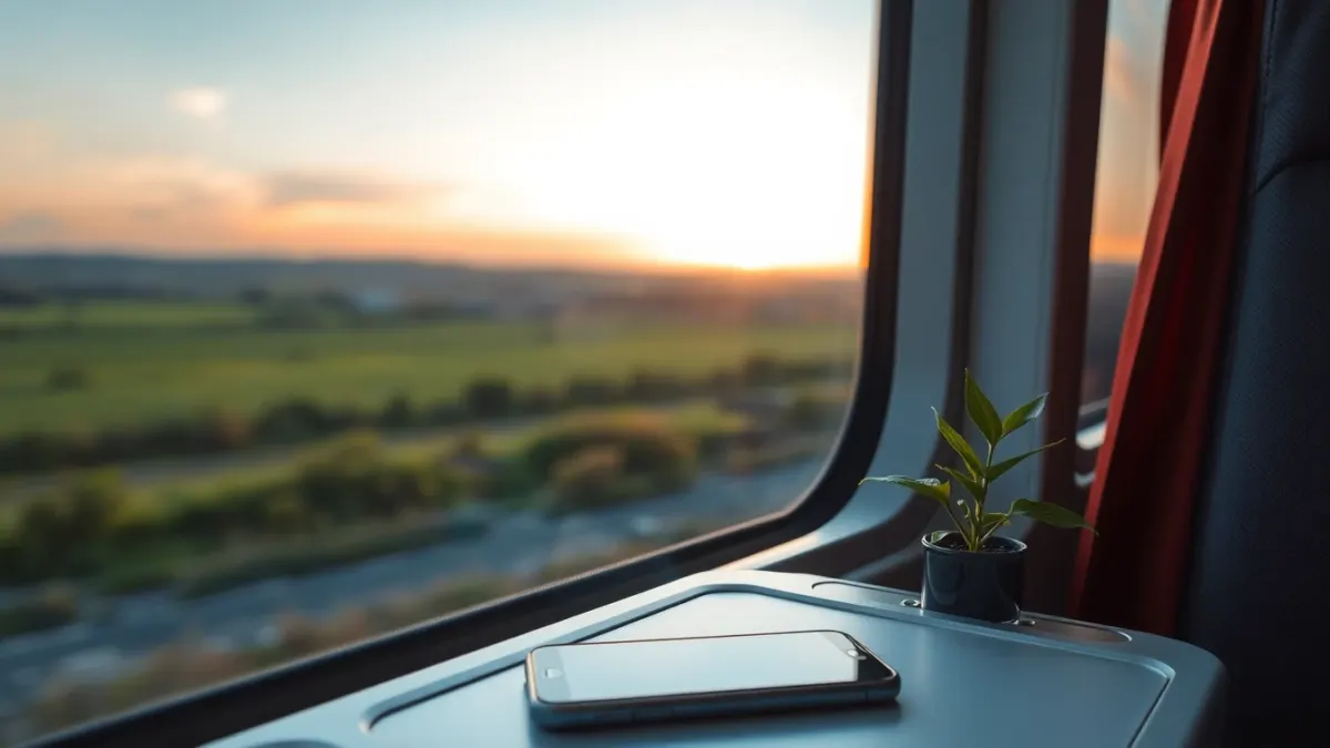 Train window at dusk with a phone on a tray table