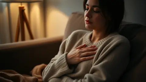 Person on a sofa with one hand resting over their heart in lamp light