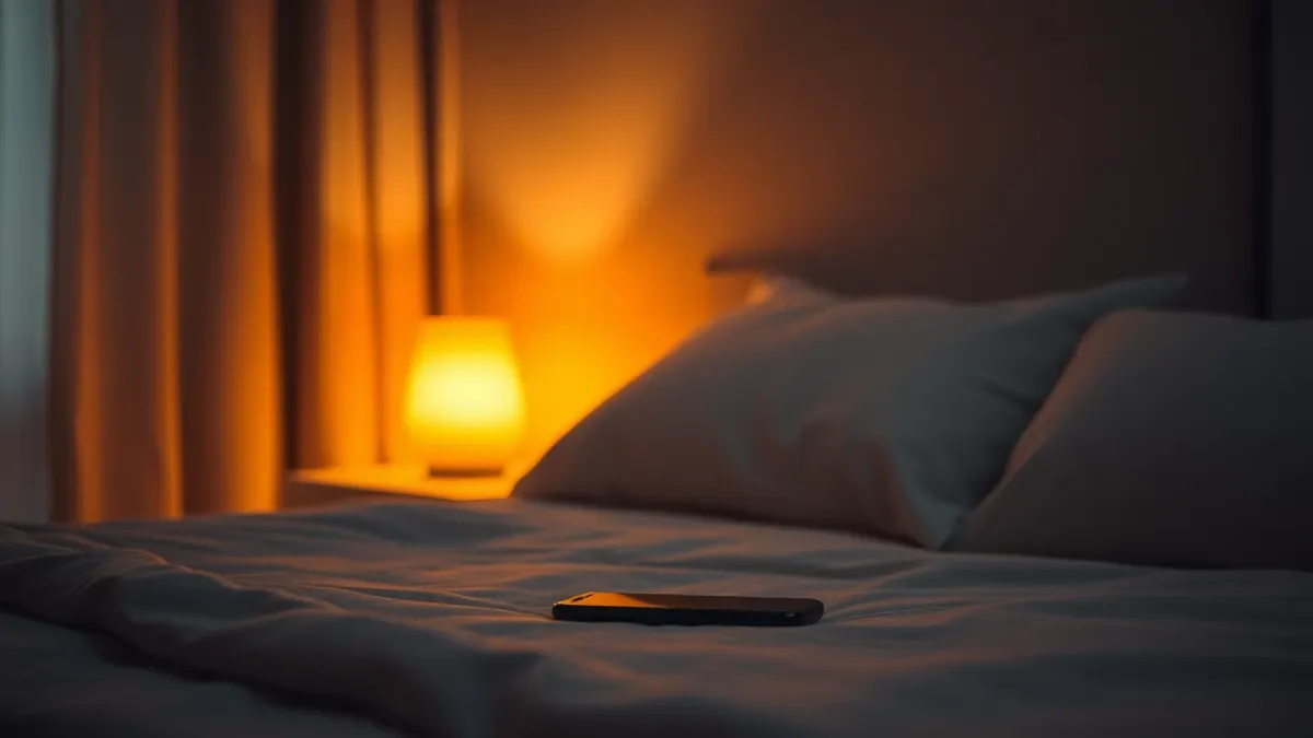 Cozy bedroom at night with a dim lamp and a phone on the nightstand