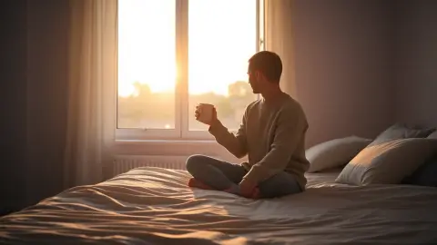 Person sitting quietly on a bed at sunrise before starting their day