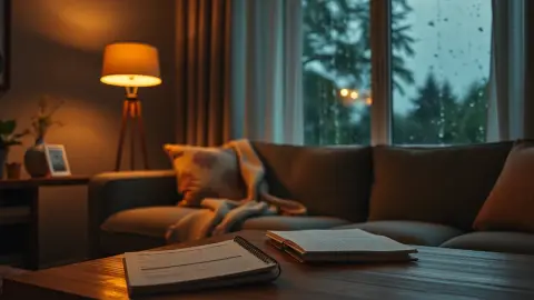 Cosy living room with a lamp, blanket and open planner on a rainy Sunday evening