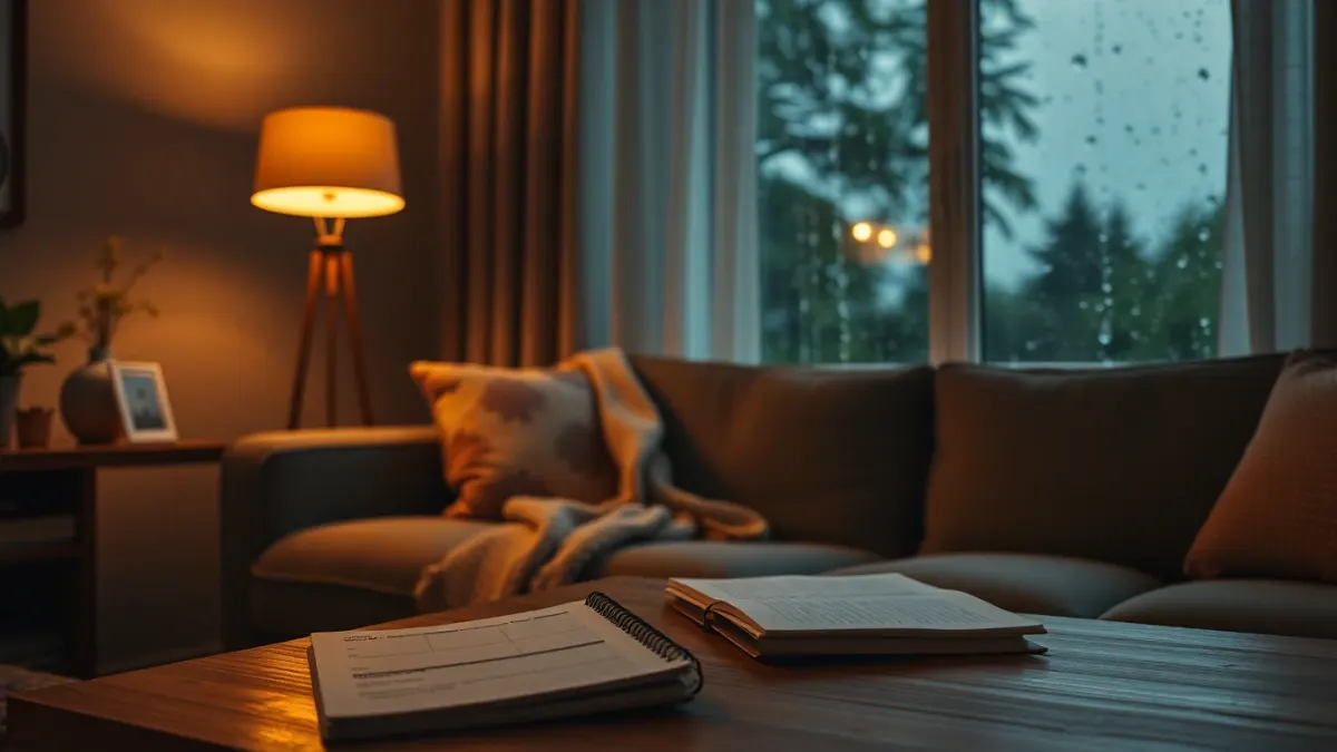 Cosy living room with a lamp, blanket and open planner on a rainy Sunday evening