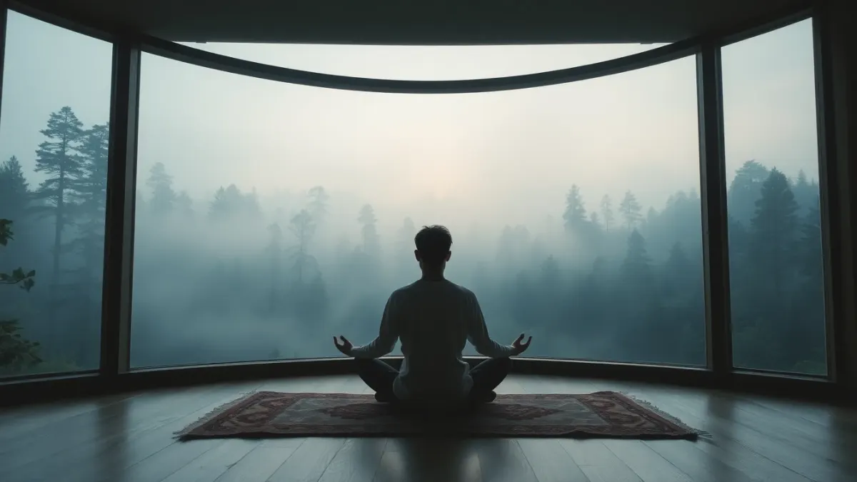 Person meditating by a large window overlooking a misty forest