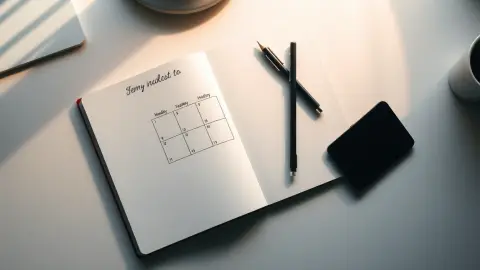 Notebook with a hand-drawn weekly grid, a pencil and a phone face down on a desk