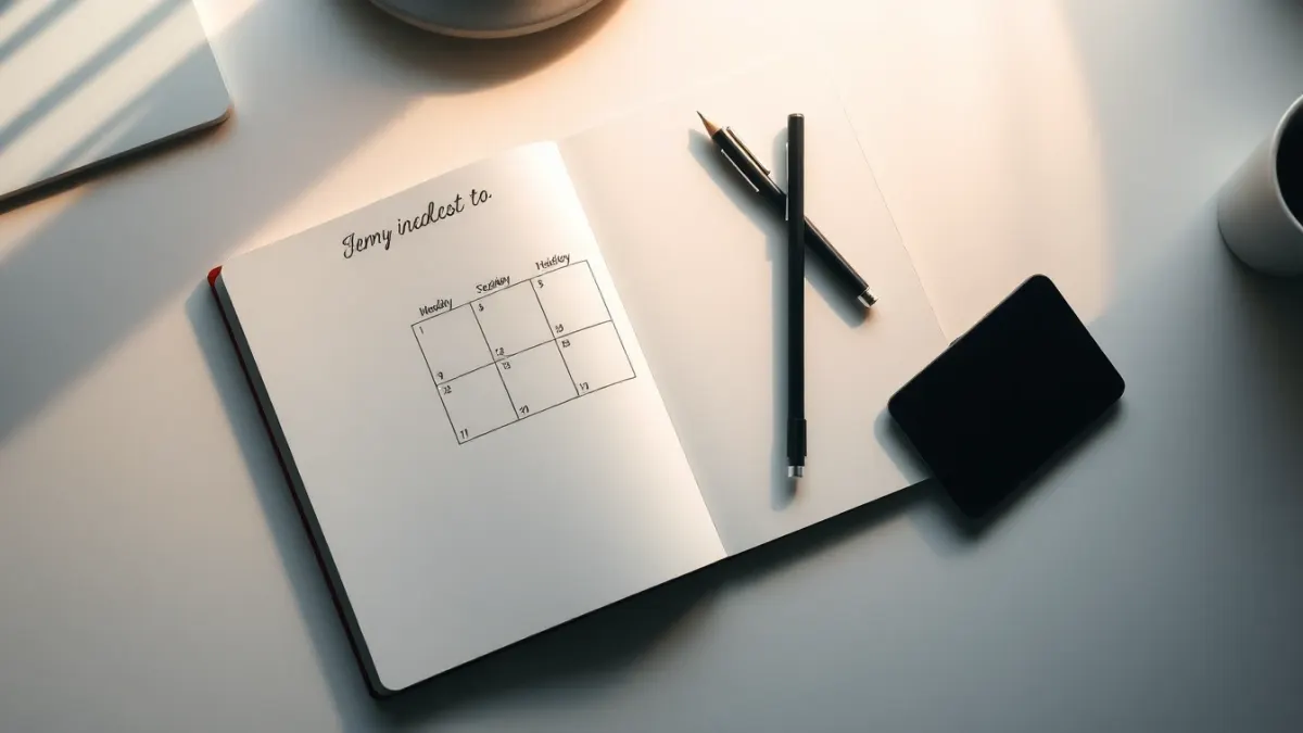 Notebook with a hand-drawn weekly grid, a pencil and a phone face down on a desk
