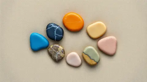 Six smooth stones arranged in a circle representing different types of meditation