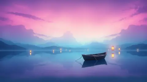Glowing lake at dusk with lanterns, representing a visualization meditation scene