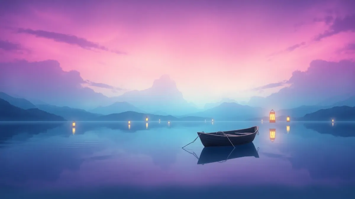 Glowing lake at dusk with lanterns, representing a visualization meditation scene
