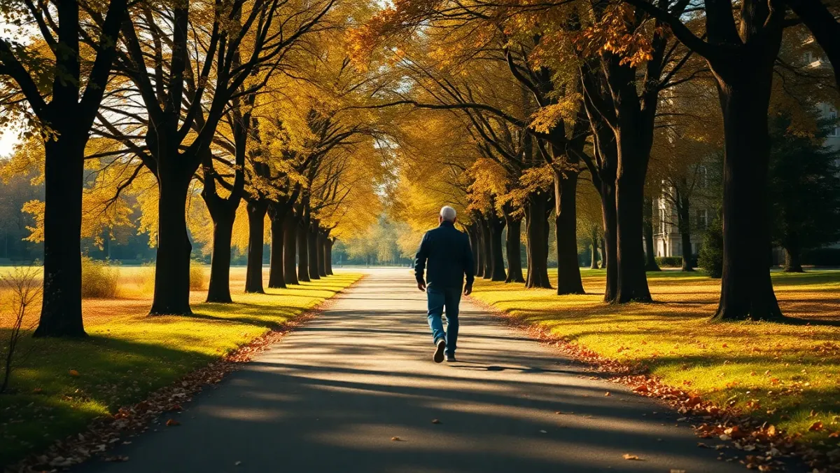 Person walking slowly along a quiet tree-lined path in autumn light