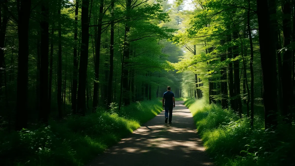 Person walking slowly along a sunlit forest path in a mindful walk