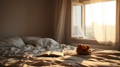 Sunny bedroom with a curtain, a book on the duvet and fruit