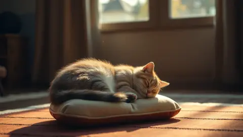 Cat asleep on a meditation cushion in warm light