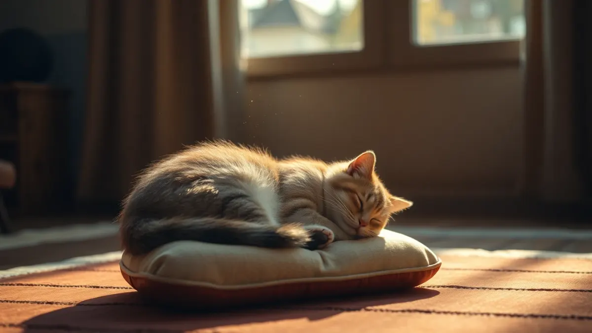 Cat asleep on a meditation cushion in warm light