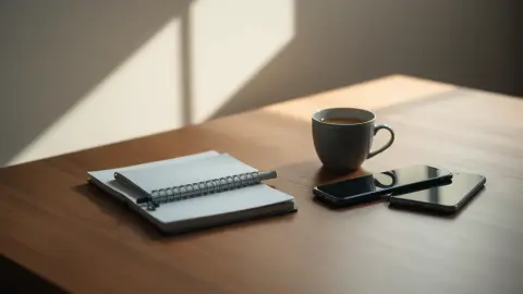 Quiet morning desk with a notebook and phone ready for a meditation