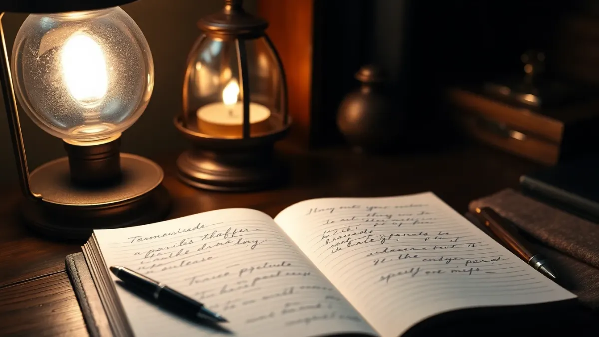 Notebook and pen on a desk representing the writing of a guided meditation script