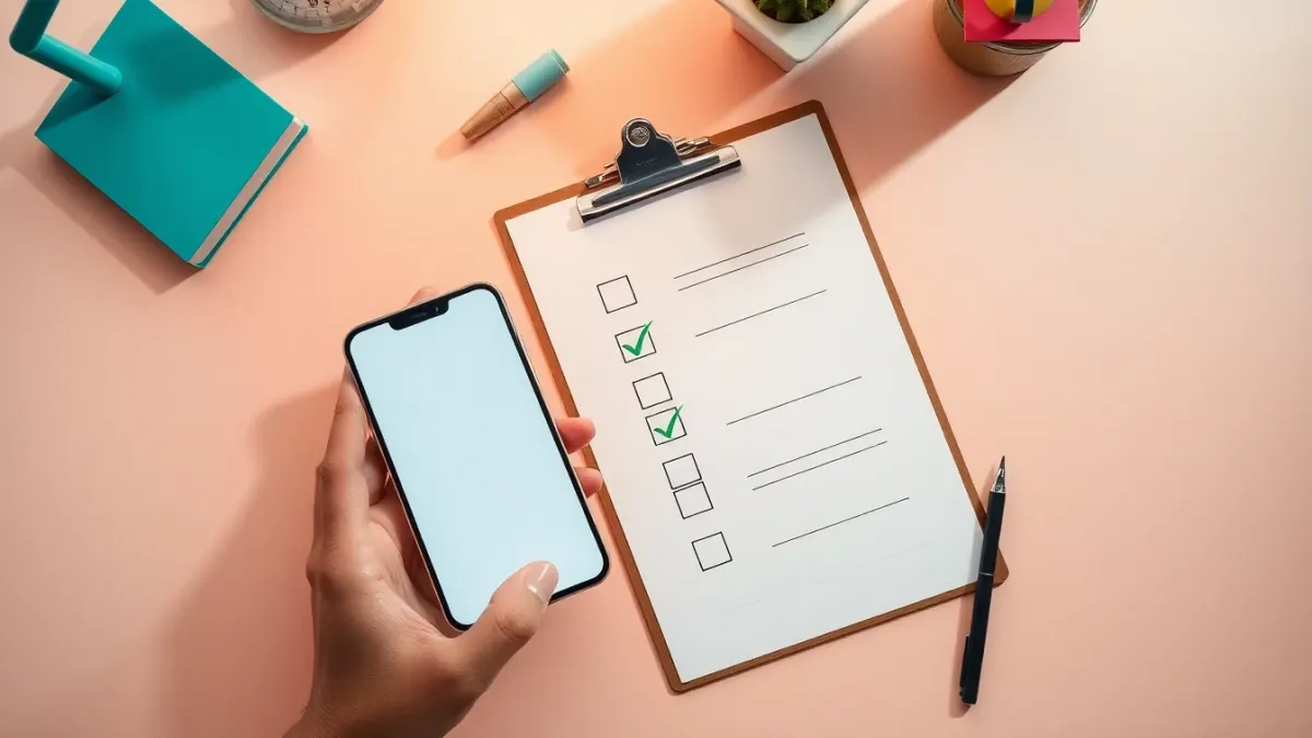 Phone beside a checklist for choosing a meditation app