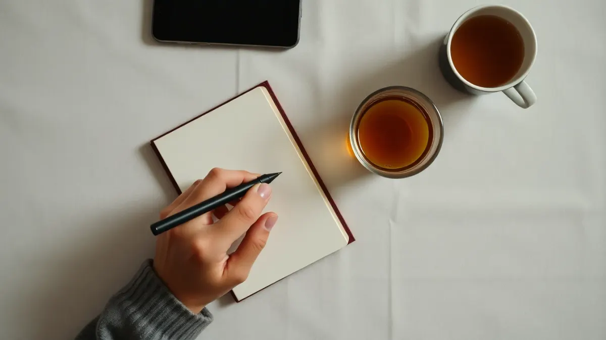 Hand writing a short note beside a phone and tea before a meditation