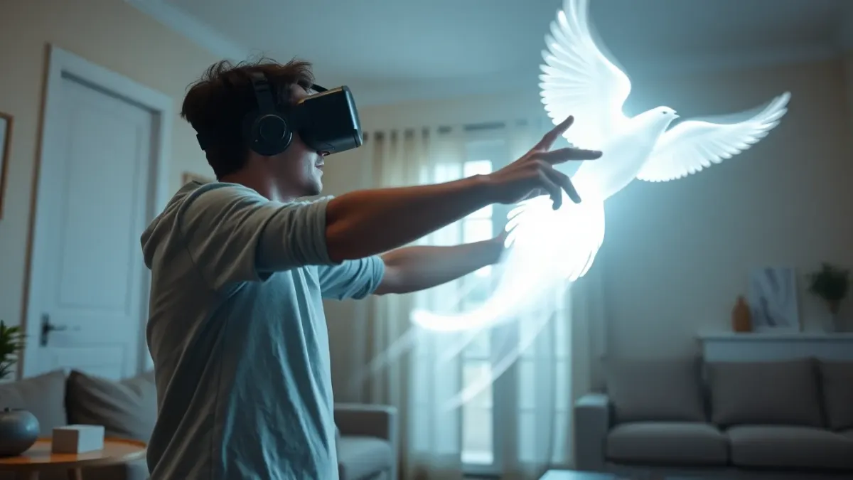 Person reaching one arm toward a glowing flying creature while wearing a VR headset in a living room