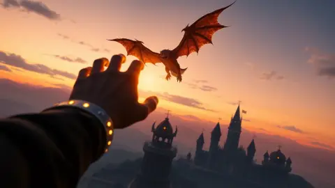 Player's hands punching a flying monster above a row of fantasy towers