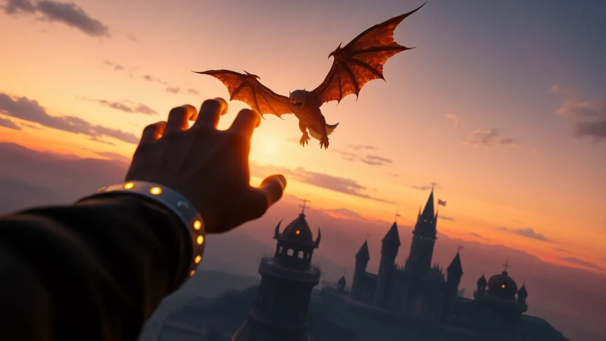 Player's hands punching a flying monster above a row of fantasy towers