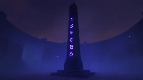A tall obelisk with glowing violet runes in a misty courtyard