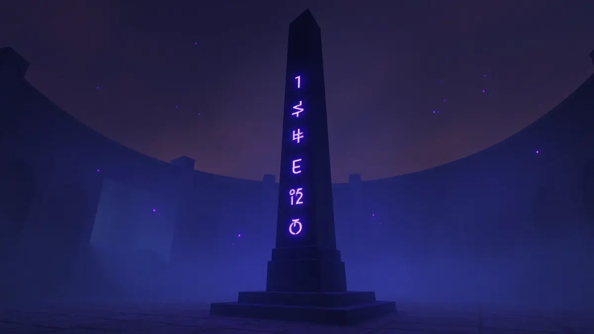 A tall obelisk with glowing violet runes in a misty courtyard