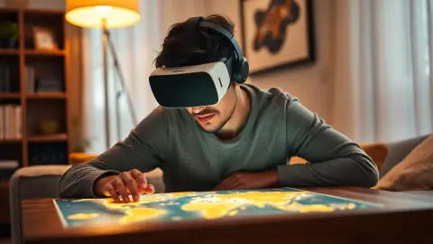 Adult in a VR headset leaning over a glowing 3D map on a coffee table
