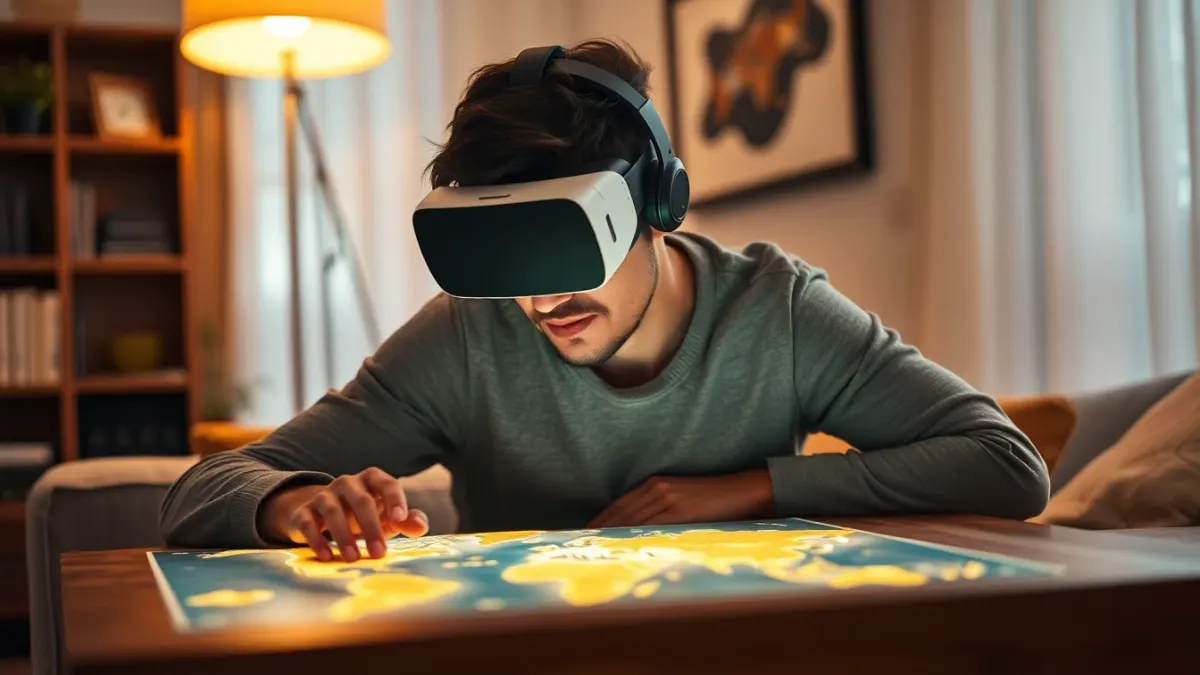 Adult in a VR headset leaning over a glowing 3D map on a coffee table