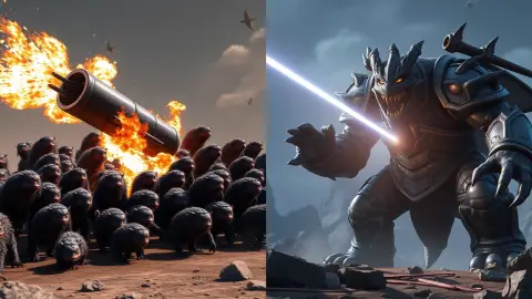 Cannon explosion hitting a crowd on the left and a laser hitting one big monster on the right