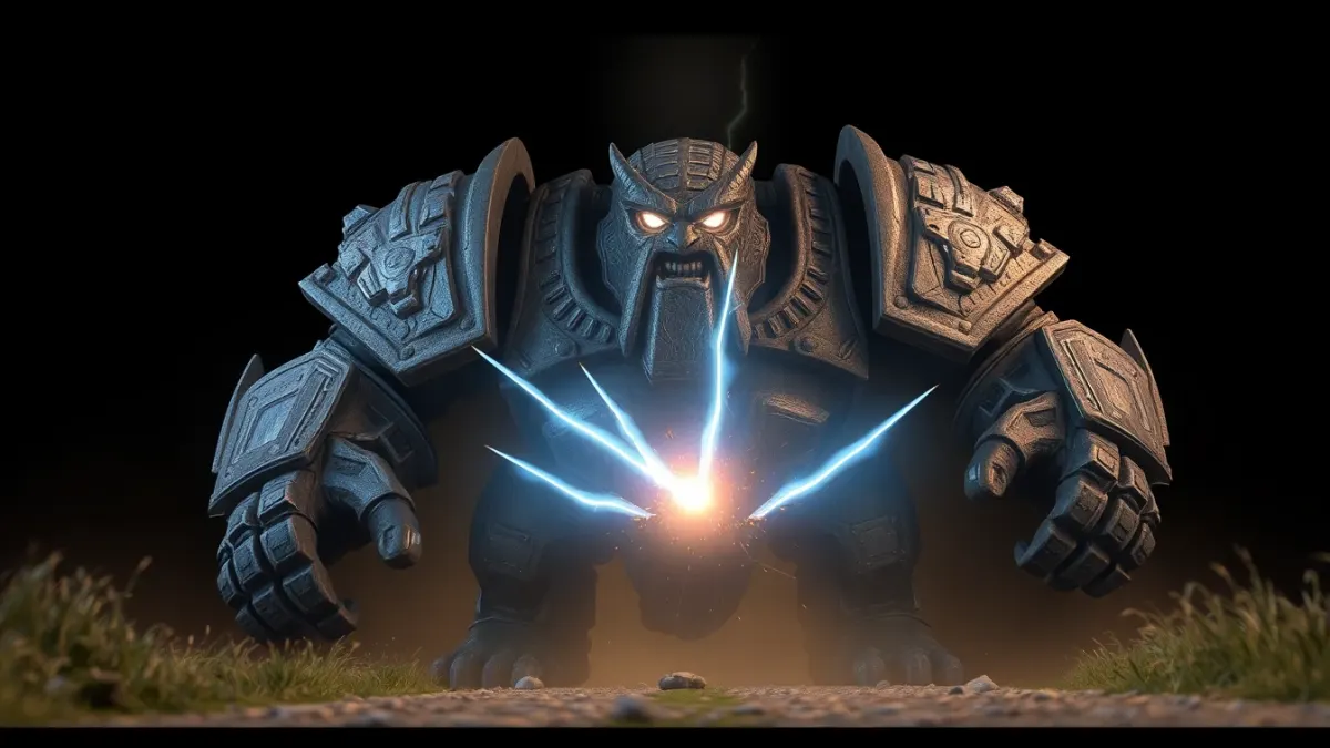 A hulking armored brute on a path with several beams and bolts converging on it
