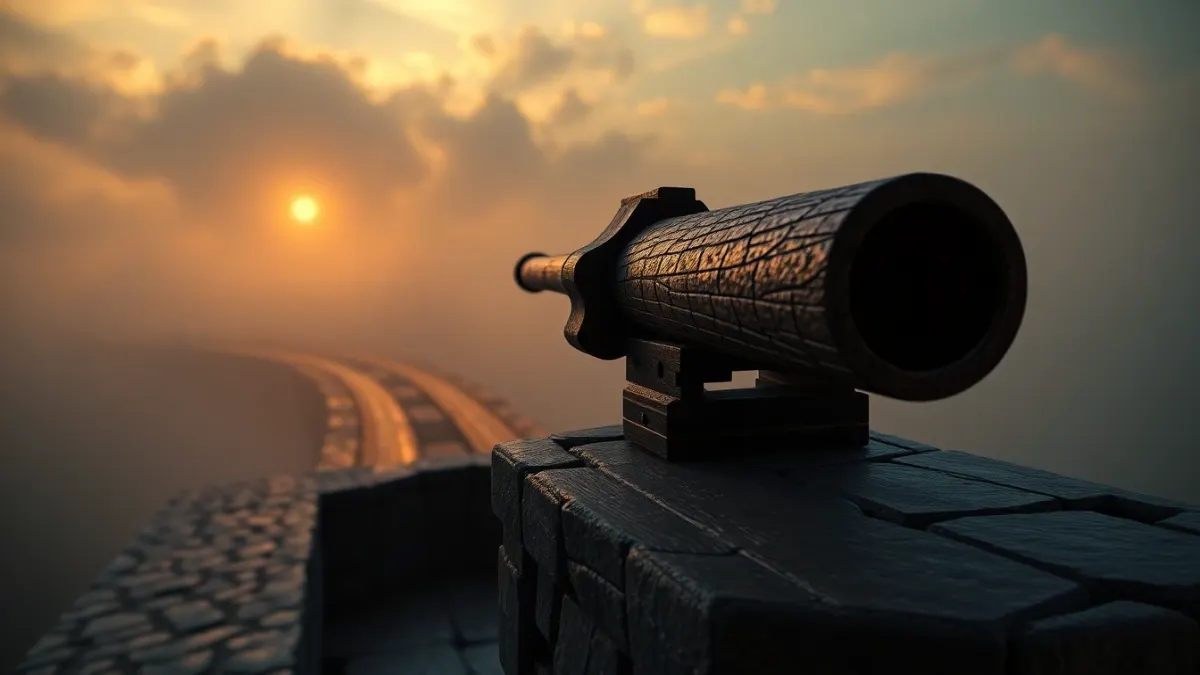 A wooden ballista tower aiming down a misty fantasy road