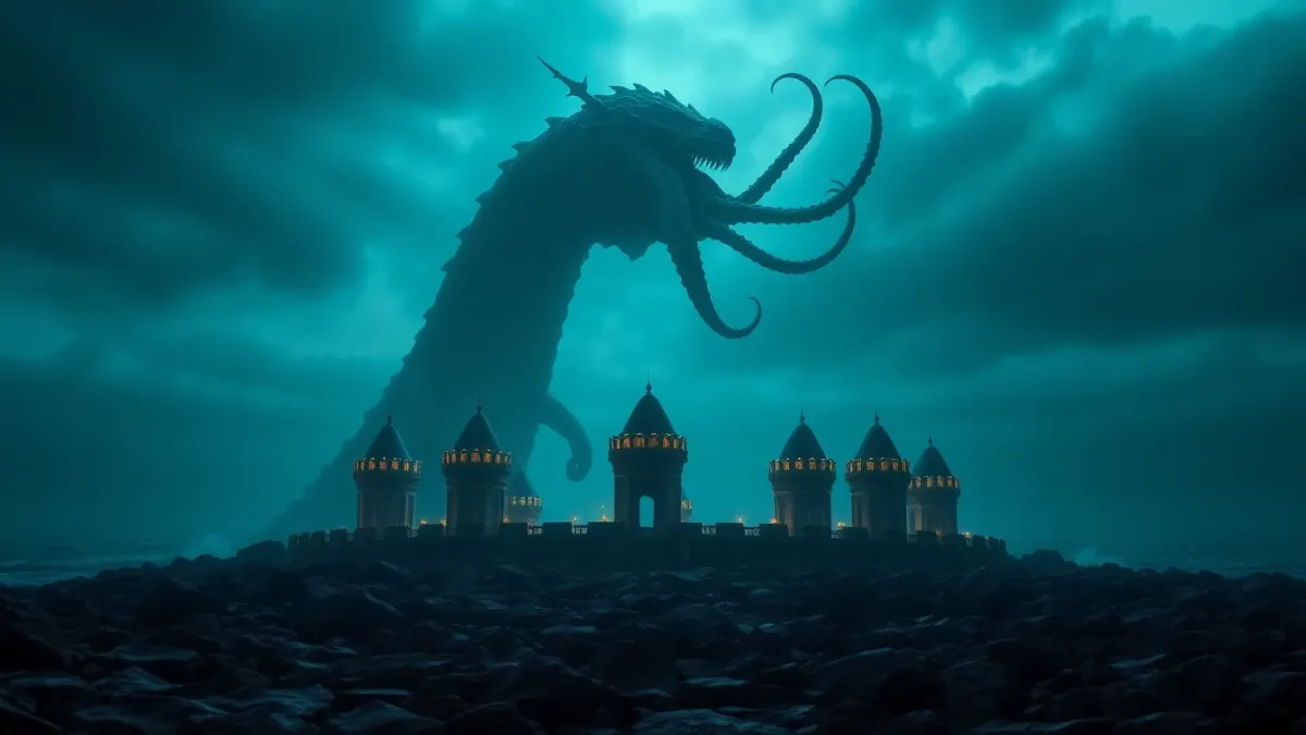 A colossal sea monster rising behind a small ring of glowing towers on a rocky shore