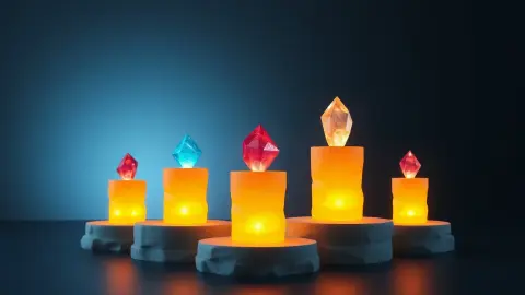 Five stone pedestals of rising height each topped with a differently coloured crystal
