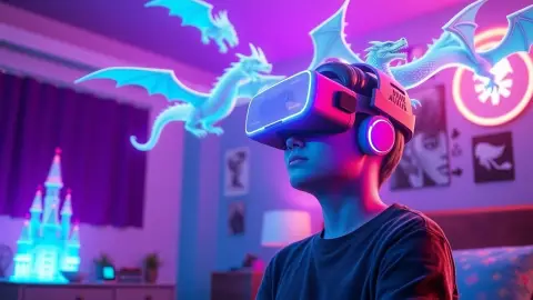 Teenager in a bedroom playing a VR tower defense game surrounded by glowing monsters
