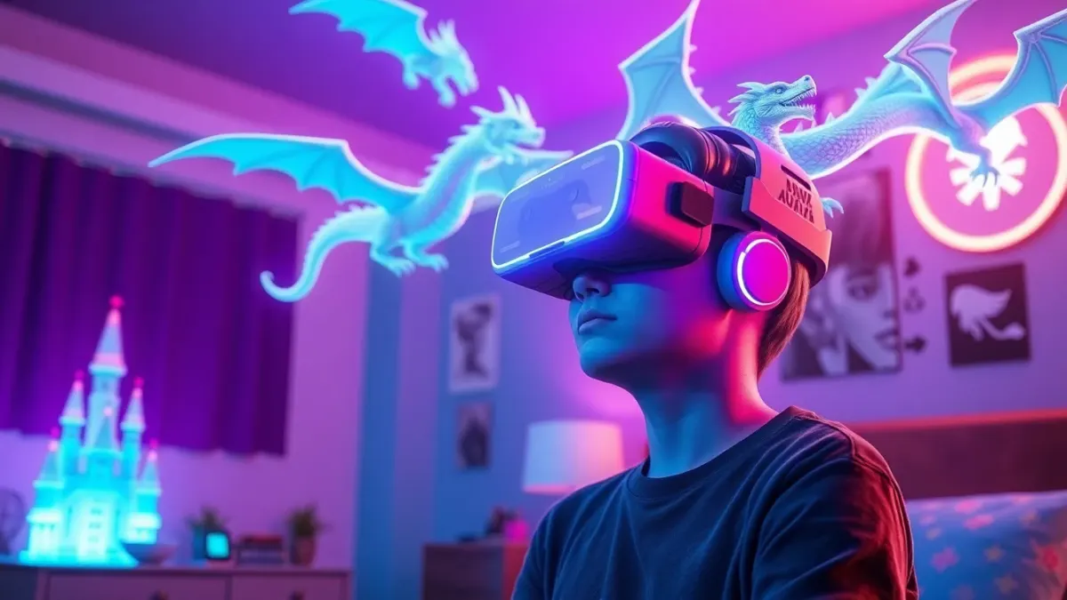 Teenager in a bedroom playing a VR tower defense game surrounded by glowing monsters