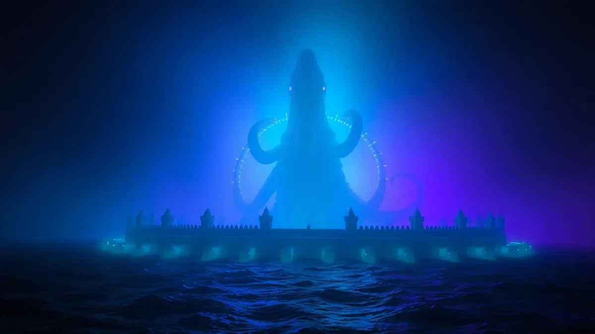 Giant tentacled sea monster rising behind a ring of glowing towers