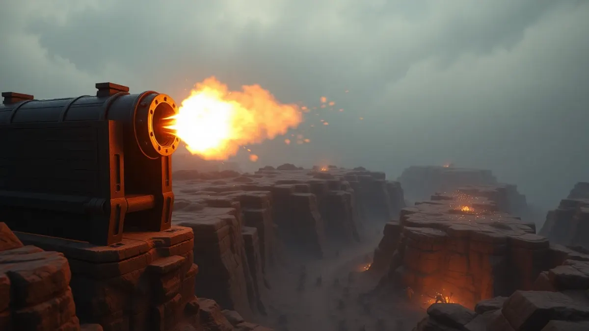 A cannon tower firing an explosive shell at a crowd of monsters on a canyon path