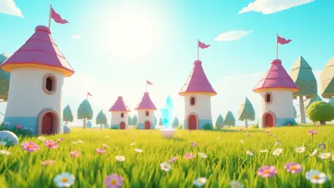 Sunny fantasy meadow with small towers guarding a glowing crystal