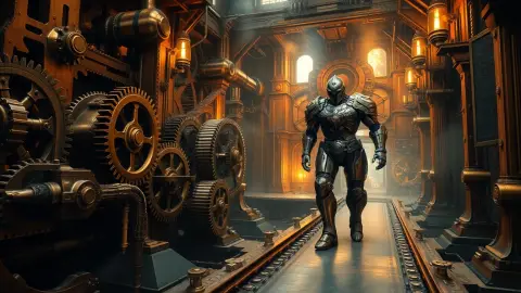 An armored clockwork automaton marching through a brass fortress with giant gears