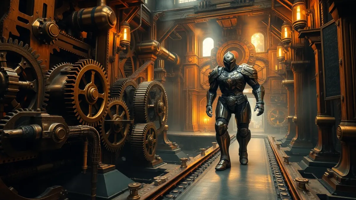 An armored clockwork automaton marching through a brass fortress with giant gears