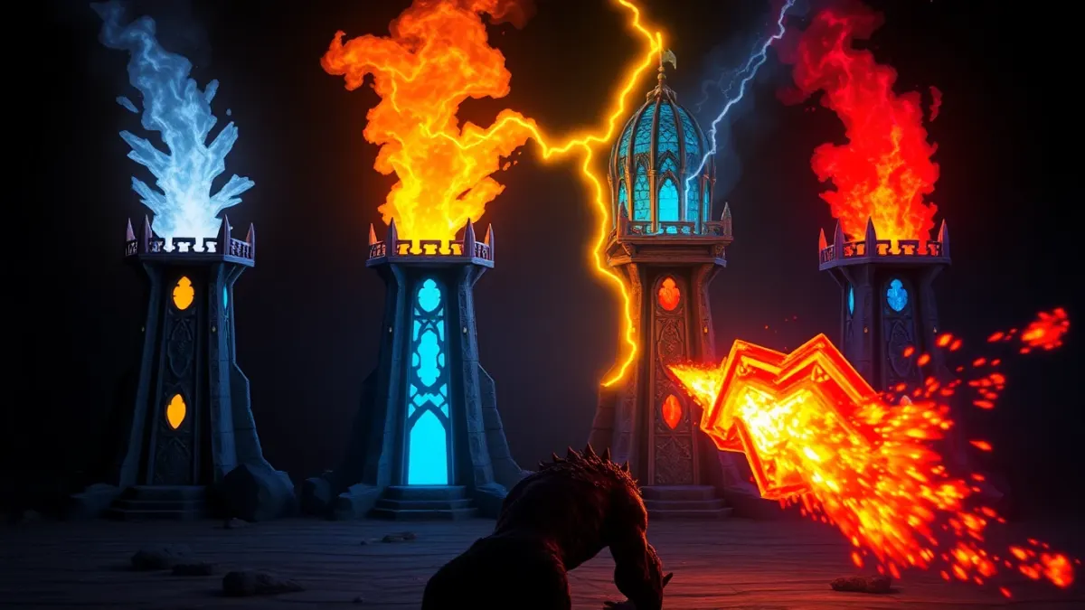 Four towers emitting ice, fire, lightning and explosive effects at the same monster