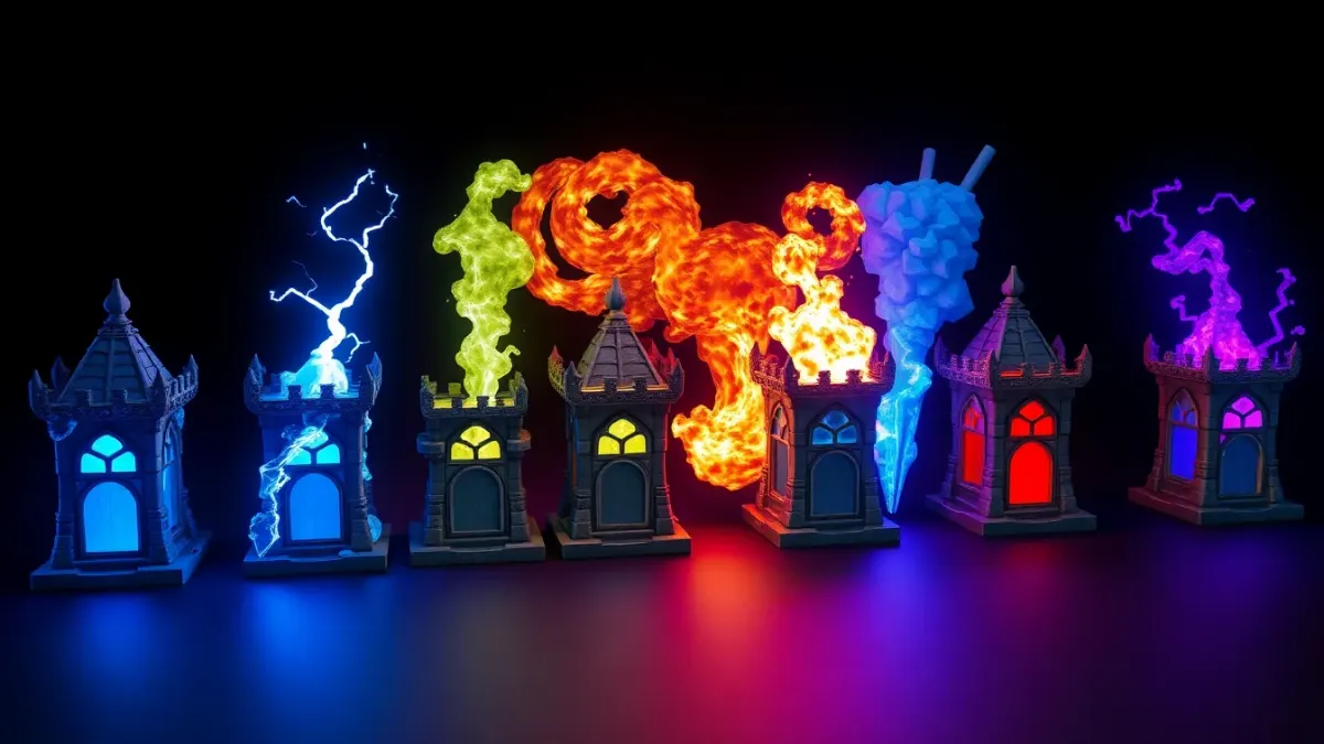 Row of fantasy towers each firing a different elemental attack