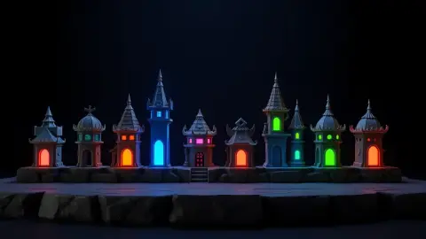 Row of eight glowing fantasy towers each with a different shape and colour