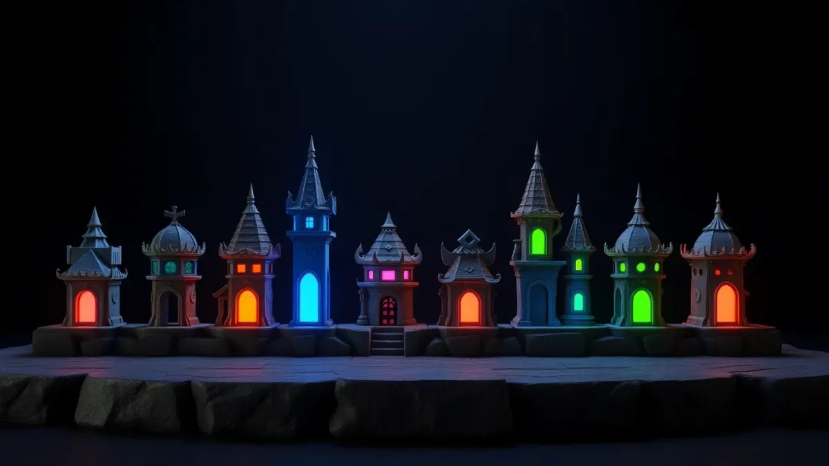 Row of eight glowing fantasy towers each with a different shape and colour