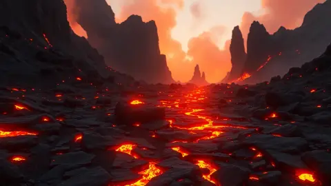 A volcanic wasteland path dotted with glowing fire puddles and towers on dark rock