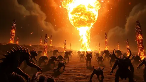 Blazing meteor striking a path of monsters beside glowing towers