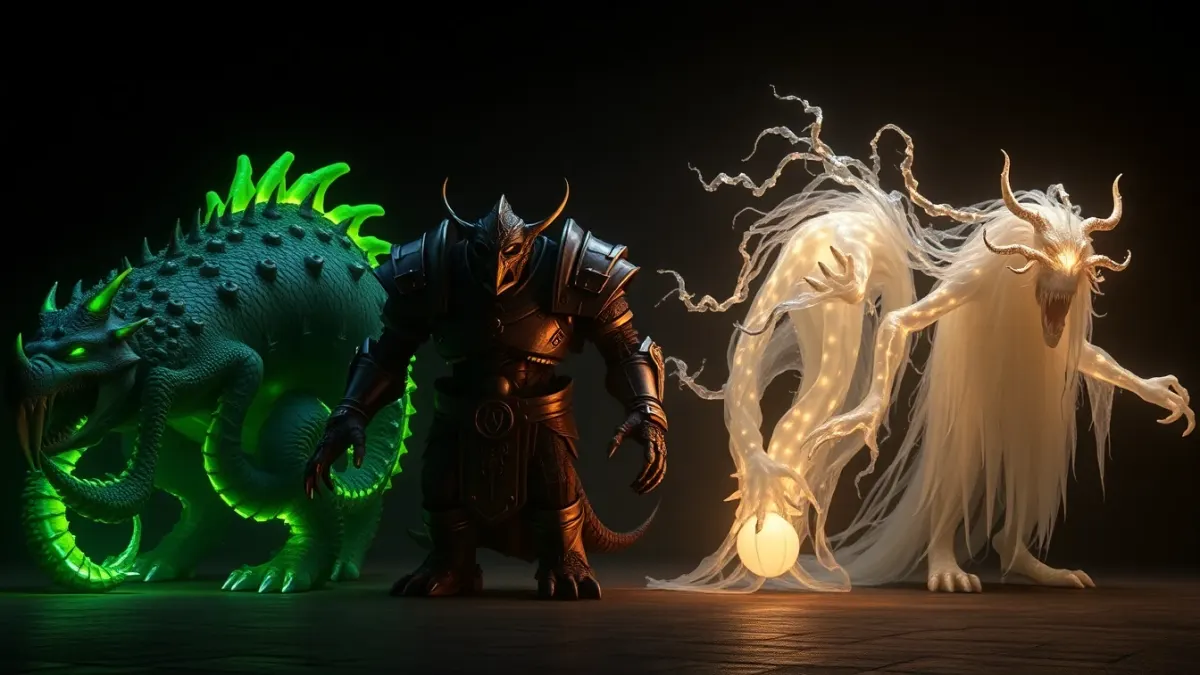 Four fantasy monsters with different abilities lined up against a dark background