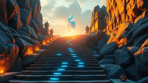 Glowing staircase through a fantasy landscape rising toward a crystal