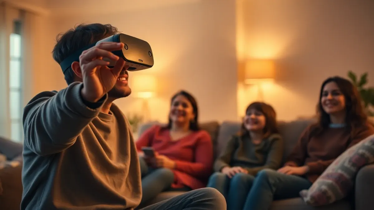 Family watching a parent play a VR game in a cosy living room